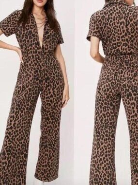NEW Nasty Gal Denim Leopard Print Jumpsuit Cotton Coveralls sz 6